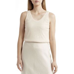 Anne Klein Womens Sequin Mesh Tank Top Medium Light Parchment - NWT